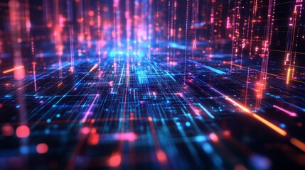 Poster - A high-tech digital portrayal of a futuristic circuit board, illuminated by vibrant blue and red lines with particles floating around.