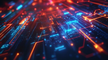 Leinwandbilder - A bright digital representation of a futuristic circuit board with glowing blue and orange lines and scattered floating particles.