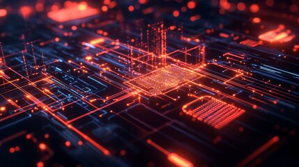 Poster - A futuristic digital circuit board glows with vibrant blue and orange lines, accompanied by floating particles in a striking visual.