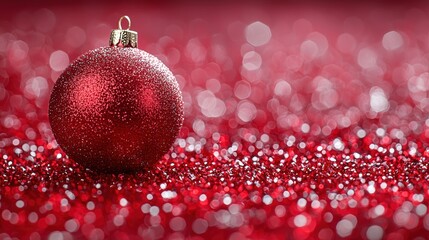 Poster - A glimmering red Christmas ornament resting on sparkling red glitter background, creating a festive atmosphere during the holiday season