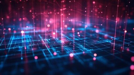 Leinwandbilder - A bright digital representation of a futuristic circuit board with glowing blue and orange lines and scattered floating particles.