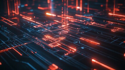Poster - A bright digital representation of a futuristic circuit board with glowing blue and orange lines and scattered floating particles.