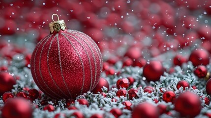 Wall Mural - Red Christmas ornament on snowy surface surrounded by glittering decorations during a festive winter celebration