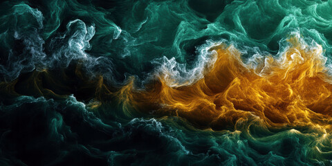 Poster - A painting of a wave with a yellow and orange streak. The colors are bright and the wave is very large
