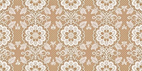 Wall Mural - Intricate Lacework Floral Pattern on Brown Background, Digital Art, Seamless Design, Vector Illustration, Floral, Pattern, Lace