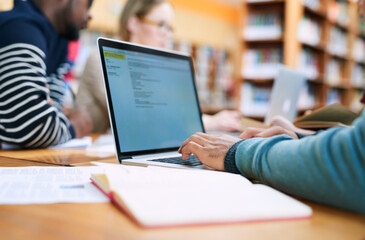 Poster - Education, university and hands of student on laptop in library for learning, knowledge and research. School, college and person with computer, books and friends for project, studying or assignment