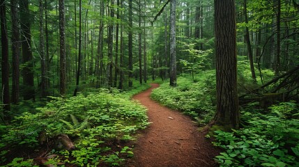 A forest path with a red dirt trail