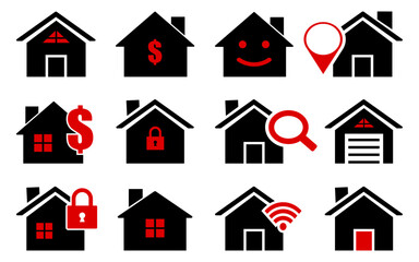 Poster - Home icon set house real estate residental business concept sale modern colorful home page application web page red black buttons