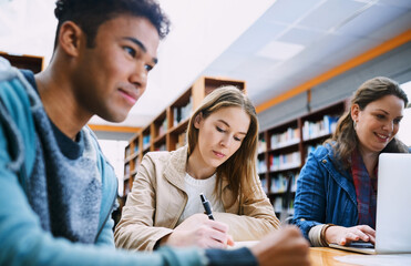 Poster - Students, group and education with reading, laptop and development in campus library at university. People, men and women with books, review and thinking by computer with planning for exam at college