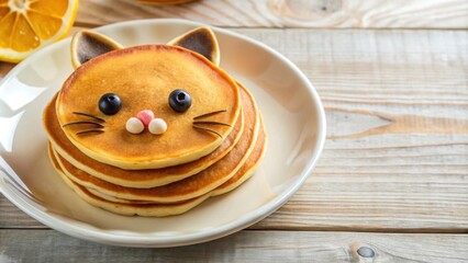 Wall Mural - Tasty pancakes with honey and kitty face decoration, pancakes, tasty, honey, topping, glazing, decoration, kitty, head