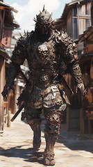 A samurai wearing menacing armor made from oni material, with a helmet, walking through an Edo period town during bright daylight