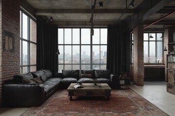 Wall Mural - Modern industrial living room with city view.