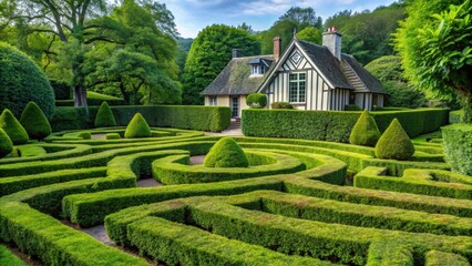 Green buxus labyrinth in ornamental garden with house in the background, boxwood, hedges, maze, park, garden, green