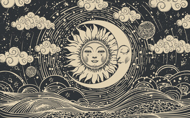 Wall Mural - Celestial astrology card of the sun and moon with face, vector esoteric poster of zodiac, horoscope, tarot. Creation of the Universe with clouds, stars and sun.
