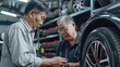 © chutikan - An Asian expert recommends new tires on the shelf to a middle-aged customer. Standard car repair center