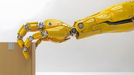 Poster - Yellow robotic arm reaches out to grab a cardboard box.