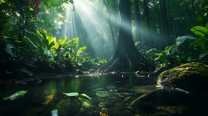 Sticker - Sunlight Streaming Through Lush Jungle Canopy