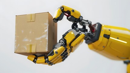 Poster - A yellow robotic arm holding a cardboard box against a white background.