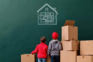 Two children stand in front of moving boxes, envisioning their future home with a floor plan drawn on a chalkboard.