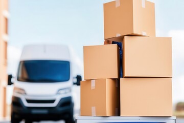 Stacked cardboard boxes ready for delivery in a logistics warehouse with a delivery van in the background.