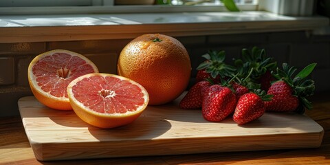 Wall Mural - Close-up view of a split grapefruit alongside a bunch of fresh strawberries placed on a cutting board in a kitchen setting.