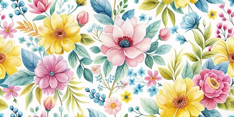 Wall Mural - Watercolor Floral Seamless Pattern Pink, Yellow, Blue Flowers on White Background, Watercolor, Floral, Seamless , Pattern