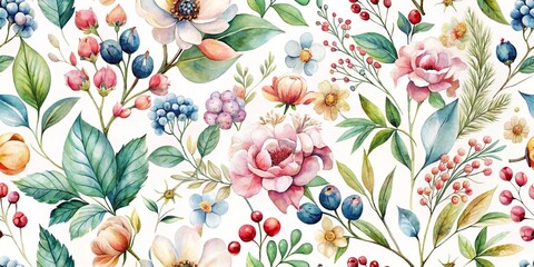 Wall Mural - Watercolor Floral Seamless Pattern with Pink and Blue Flowers, Green Leaves, and Red Berries, Floral pattern, botanical pattern , seamless pattern