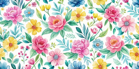 Poster - Watercolor Floral Seamless Pattern with Pink, Yellow and Blue Flowers on White Background, floral pattern, watercolor illustration, seamless background