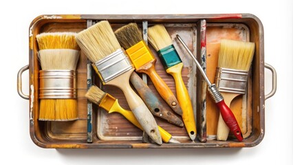 Tray with used paint brushes and rollers isolated, painting, art supplies, used, brushes, rollers, tray, isolated, messy, creative