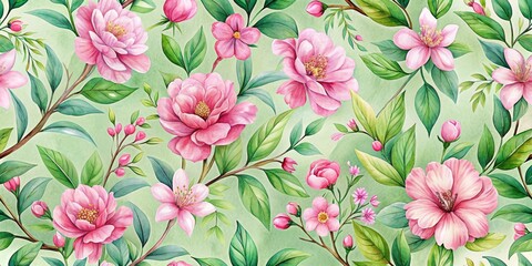 Poster - Watercolor Pink Camellia Blossom Floral Pattern, Green Leaves, Seamless, Botanical ,floral ,nature