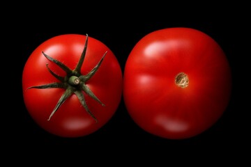 Two tomatoes isolated on black background. Generative ai