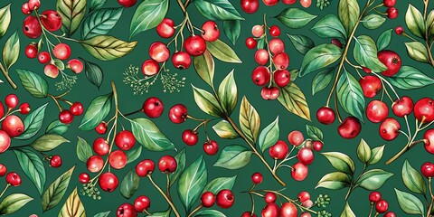 Wall Mural - Watercolor Red Berries and Green Leaves Seamless Pattern on Teal Background, berry pattern, botanical print, watercolor artwork