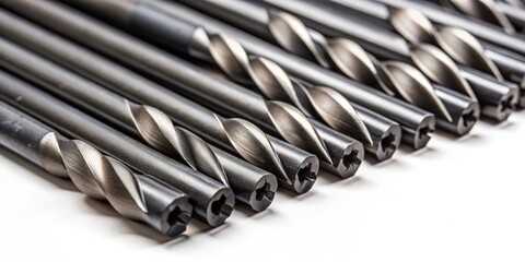 Close up of black drill bits on a white background, construction, tools, metal, industry, equipment, work, drilling