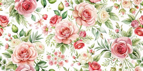 Wall Mural - Watercolor Seamless Pattern with Roses and Green Leaves, Watercolor, Seamless, Floral ,floral pattern, botanical illustration