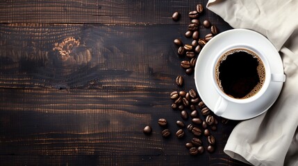 Freshly Brewed Coffee in White Mug with Coffee Beans on Rustic Wooden Table â€“ Perfect for Morning Routines and Coffee Shop Promotions