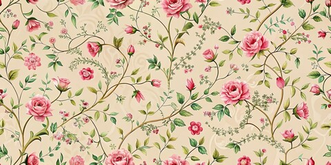 Wall Mural - Whimsical Floral Pattern with Pink Roses and Green Leaves on a Cream Background, floral , wallpaper , seamless pattern