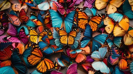 Vibrant swarm of colorful butterflies in flight against a soft pastel background, featuring brightly winged insects in various shades of blue, orange, yellow, and pink, creating a beautiful and whimsi