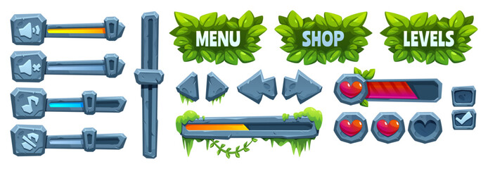 Poster - Jungle game stone ui frame cartoon vector icon. Forest leaf and liana on rock progress bar. Menu button element for interface design. Fantasy tropic aztec health slider illustration with vine border