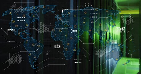 Poster - Animation of world map and digital data processing over computer servers