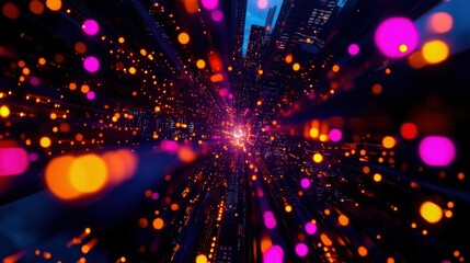 Aufkleber - An abstract view of vibrant colors and glowing lights forming a dynamic pattern, representing movement and technology.