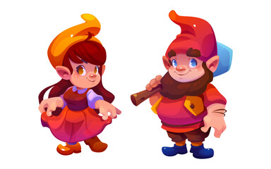 Cute female garden gnome autumn character cartoon. Small dwarf from magic fairytale with beard. Happy thanksgiving mascot in red costume design. Funny scandinavian midget clipart with shovel