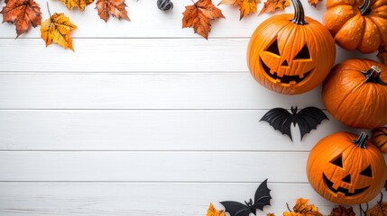 Jack o Lantern and spooky decorations arranged on a white wooden surface with copy space.