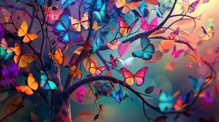 Wall Mural - Vibrant butterfly tree with colorful hanging leaves, 3d abstract illustration background for interior mural painting, bright and elegant nature-inspired design for artistic wall decor or digital wallp