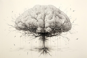 generated illustration luminous brain intertwined with a digital tree,