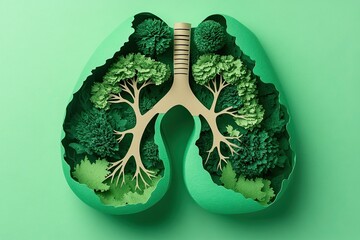 Nature's Breath: Paper Cut Style Lungs with Trees Symbolizing Respiratory Health and Environmental Harmony