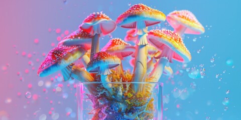 Vibrant digital creation featuring surreal fungi in a transparent vessel