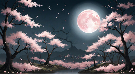 Wall Mural - landscape with moon and trees