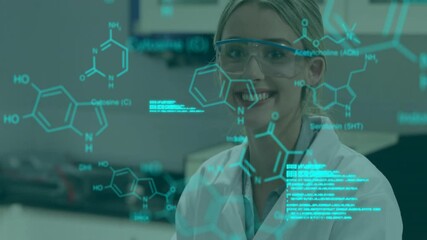 Poster - animation of chemical formula and data processing over caucasian female scientist working in lab