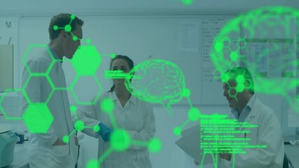 Poster - animation of digital brain with molecules and data processing over diverse scientists working in lab