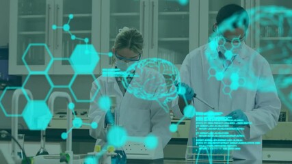 Poster - Animation of digital brain with molecules and data processing over diverse scientists working in lab